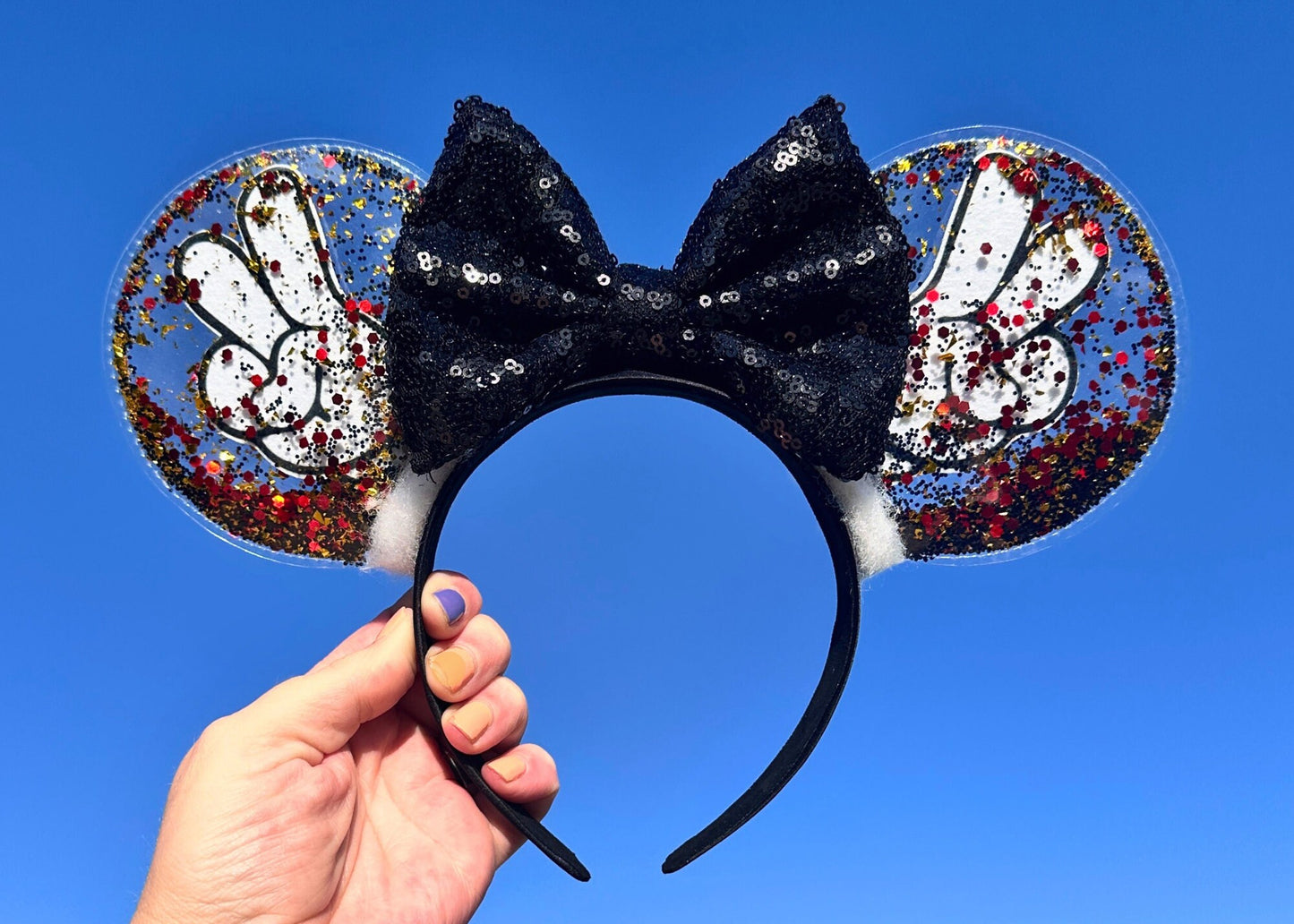 Mickey Hands Peace Sign Glitter Disney Mouse Ears Headband, Clear Minnie Ear, Sequin Bow, Peace Love Disney, Cute Unique Disneyland Headband