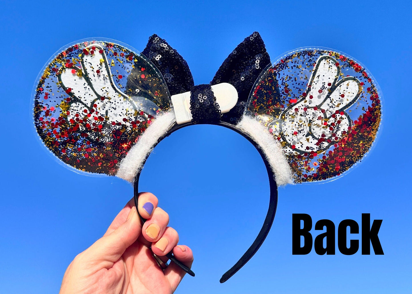 Mickey Hands Peace Sign Glitter Disney Mouse Ears Headband, Clear Minnie Ear, Sequin Bow, Peace Love Disney, Cute Unique Disneyland Headband