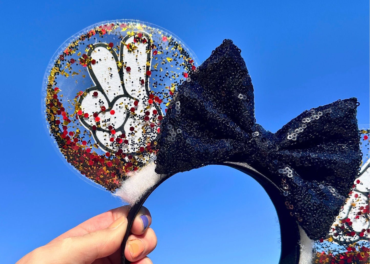 Mickey Hands Peace Sign Glitter Disney Mouse Ears Headband, Clear Minnie Ear, Sequin Bow, Peace Love Disney, Cute Unique Disneyland Headband