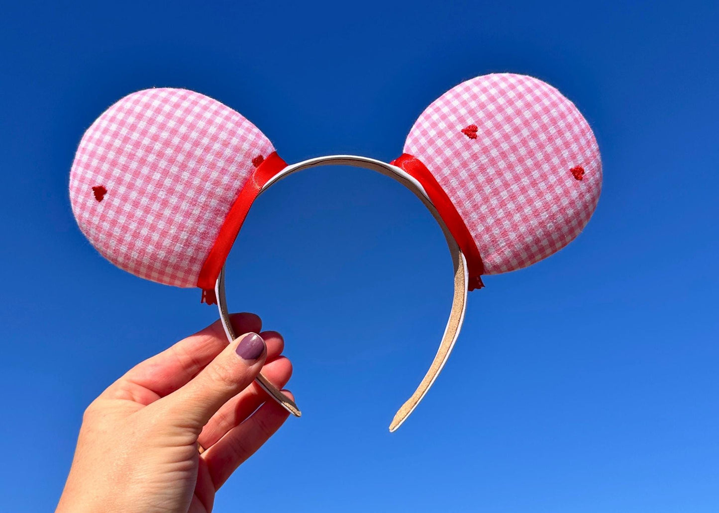 Valentines Disney Ears, Embroidered Hearts Pink Plaid Mickey Ears, Red Handmade Hair Bows Minnie, Galentines Day, Sweetheart Nite Headband