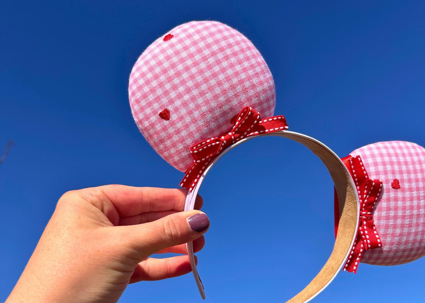Valentines Disney Ears, Embroidered Hearts Pink Plaid Mickey Ears, Red Handmade Hair Bows Minnie, Galentines Day, Sweetheart Nite Headband