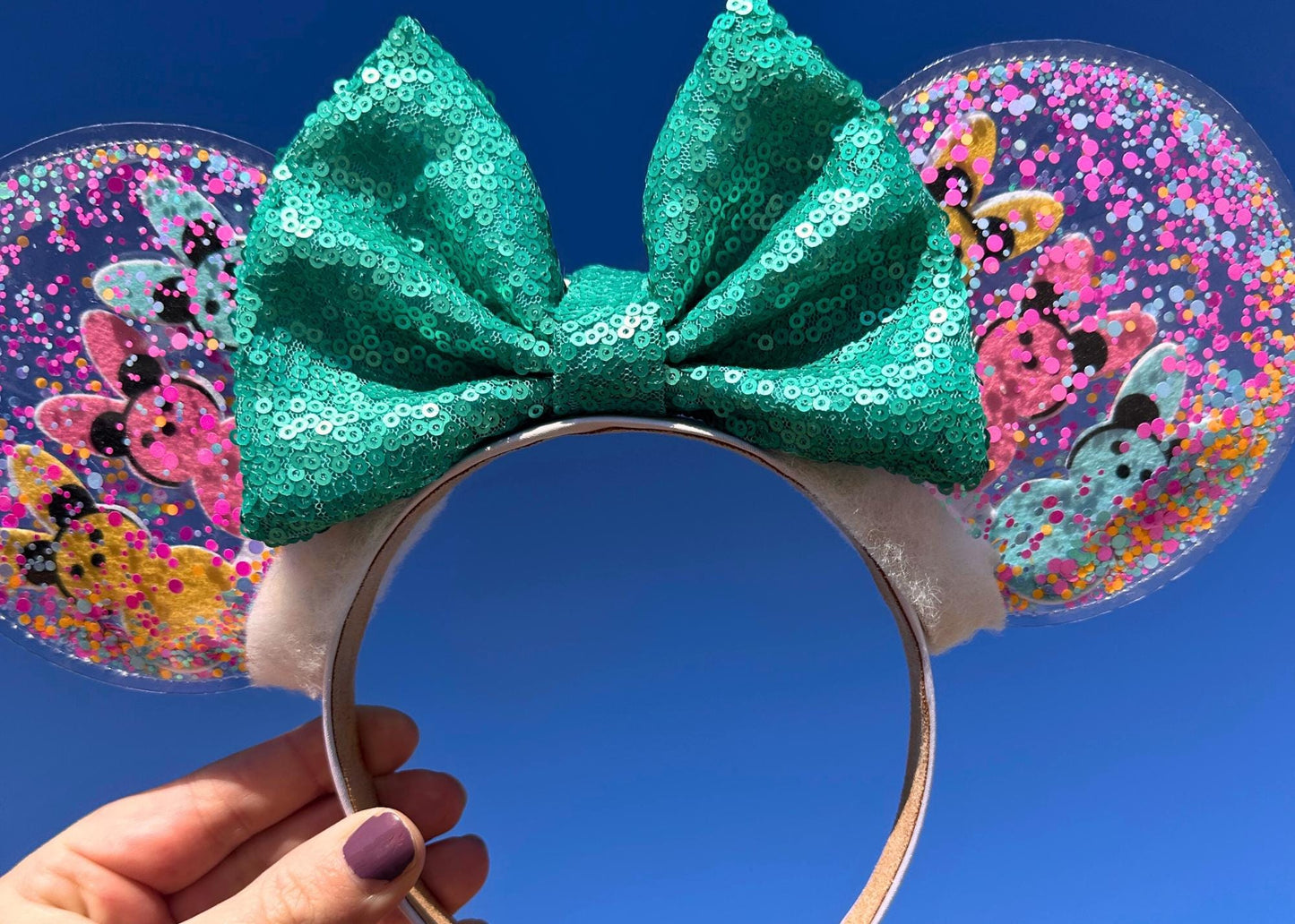 Easter Peeps with Mickey Ears Disney Headband, Spring Pastel Minnie Ears, Sequin Bow, Glitter Bubble Disneyland Ear, DisneyWorld Accessories