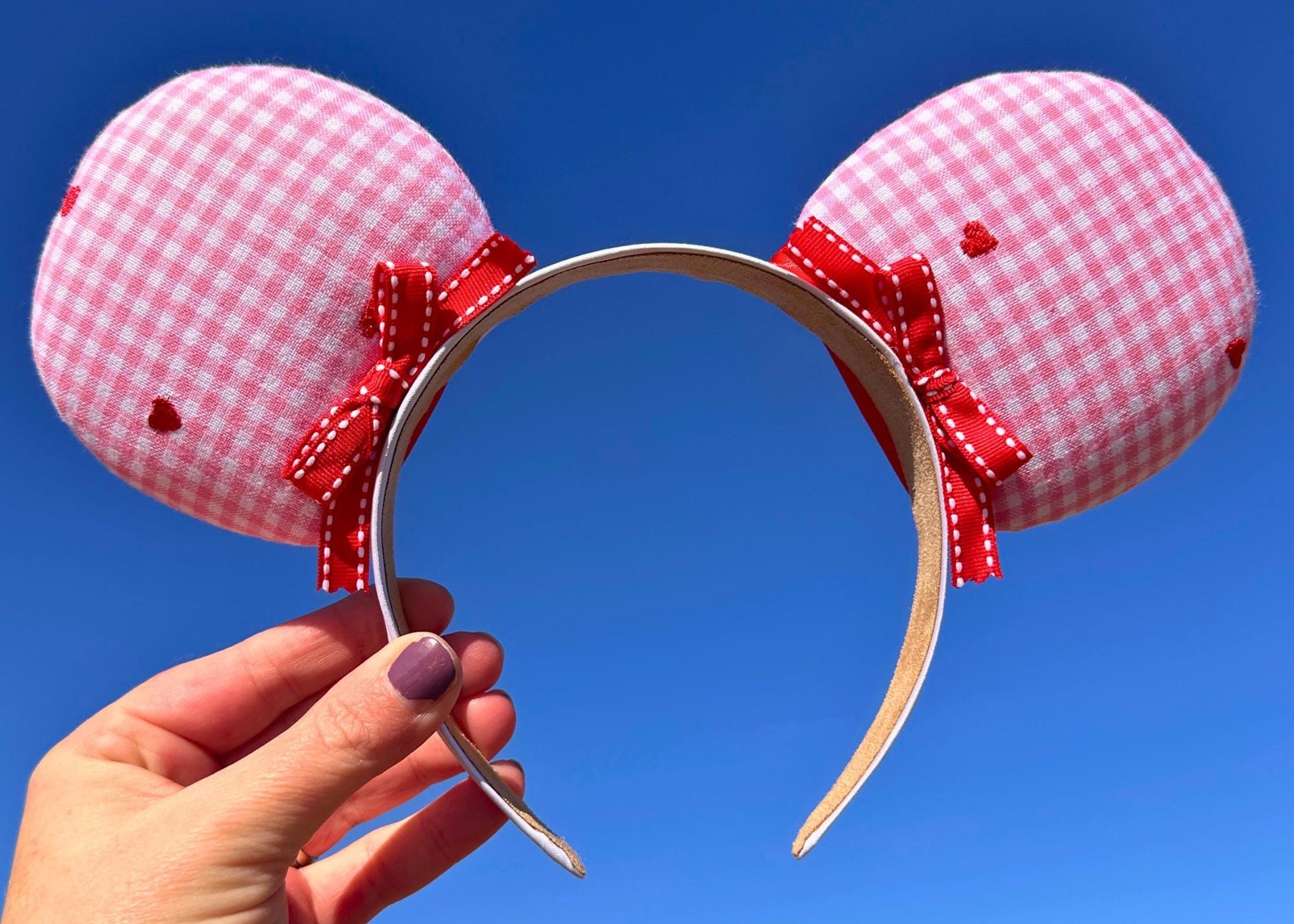 Valentines Disney Ears, Embroidered Hearts Pink Plaid Mickey Ears, Red Handmade Hair Bows Minnie, Galentines Day, Sweetheart Nite Headband