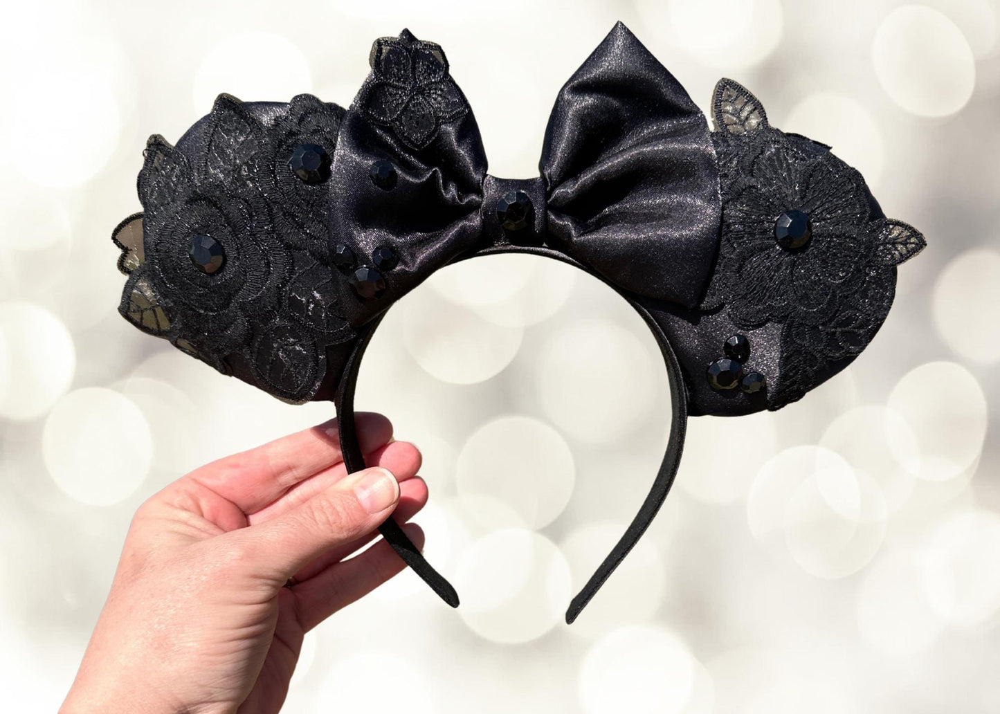 Black Lace Disney-Inspired Mouse Ears, Handmade Gothic Disney Headband with Satin Bow & Rhinestones, Adult Minnie Ears for Disney Bounding
