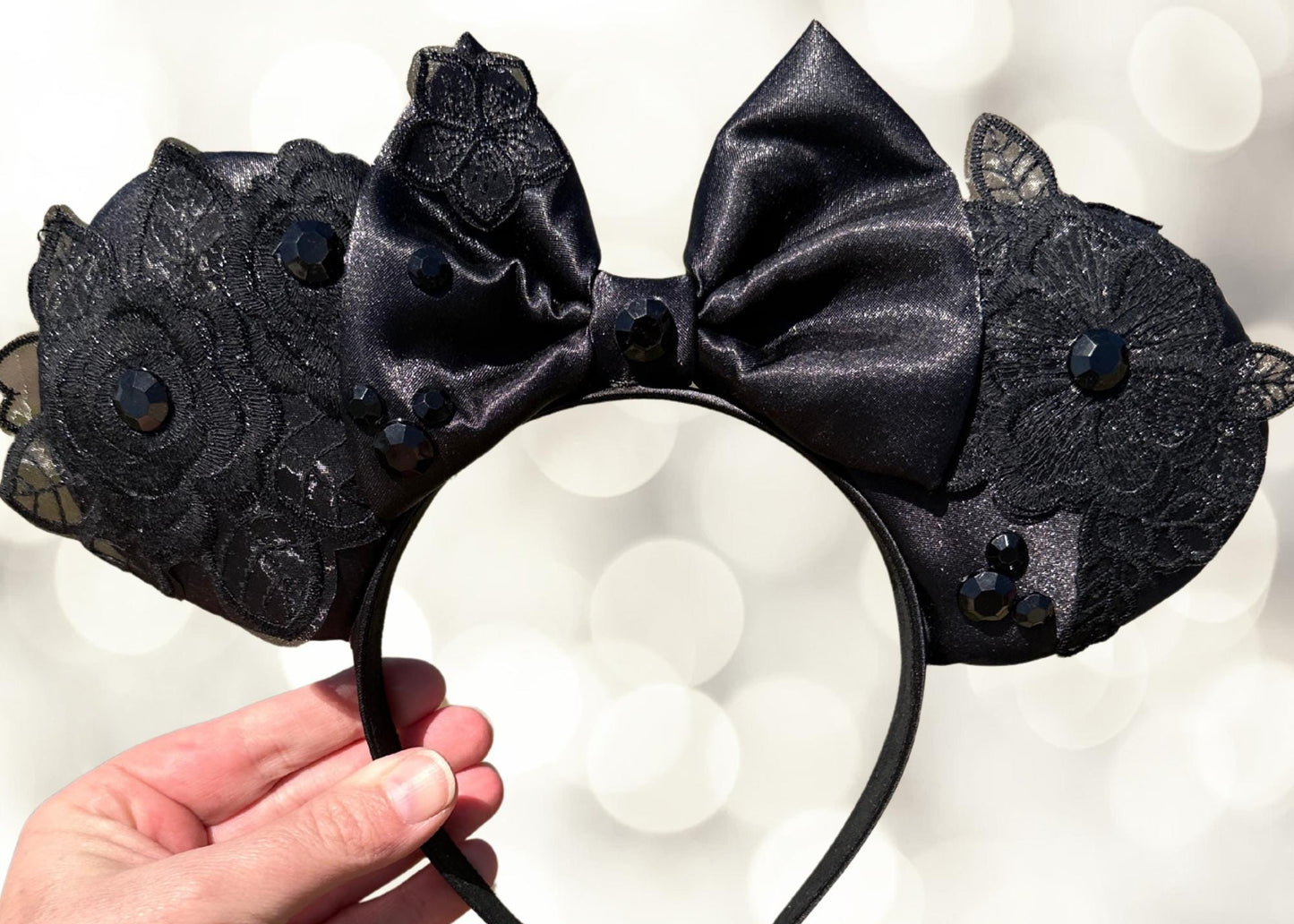 Black Lace Disney-Inspired Mouse Ears, Handmade Gothic Disney Headband with Satin Bow & Rhinestones, Adult Minnie Ears for Disney Bounding