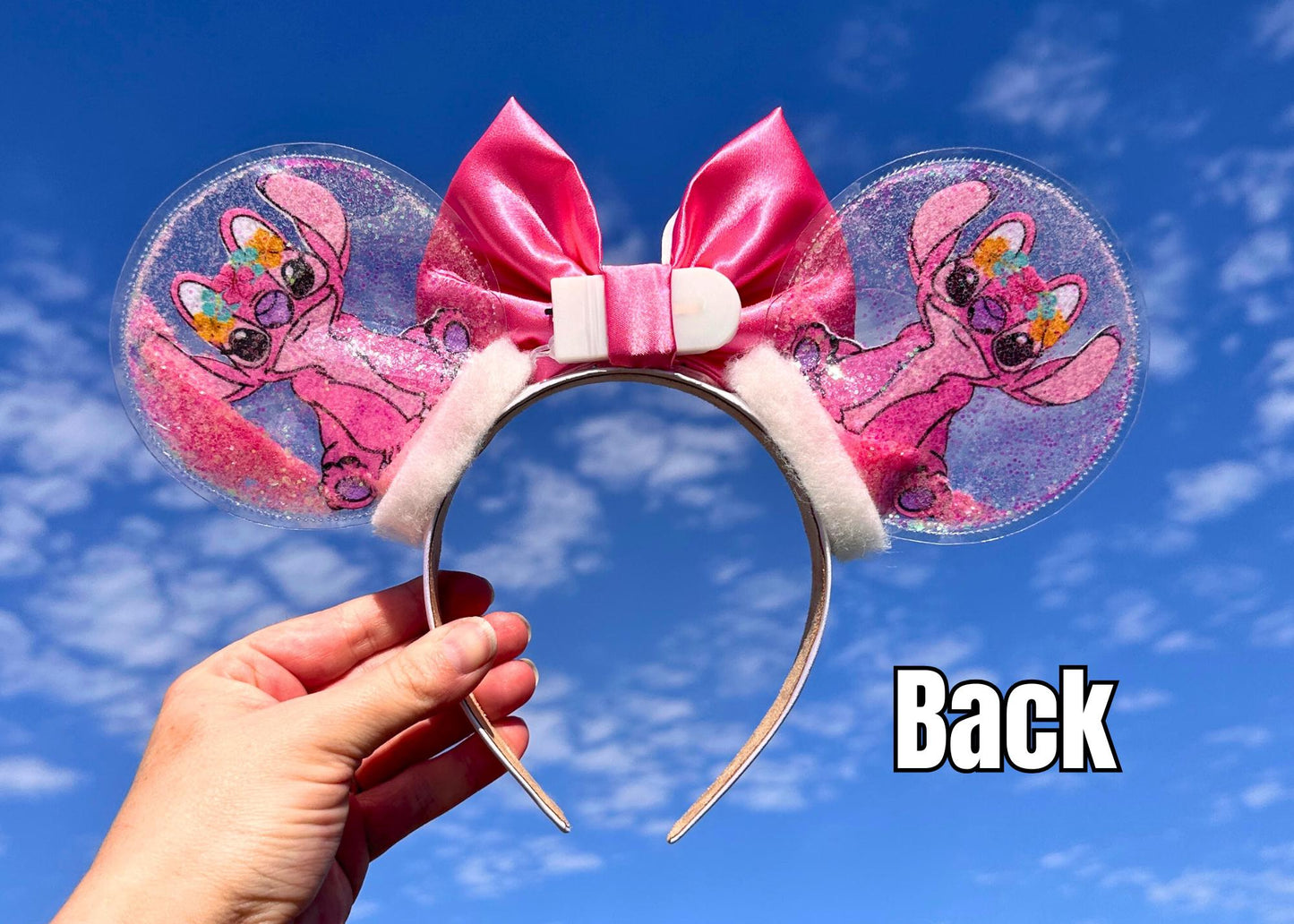Angel Stitch inspired Pink Alien Disney Mickey Ears, Lilo Minnie Ears, Disneyland Mouse Ears Headband, Clear Glitter, Epcot, Animal Kingdom