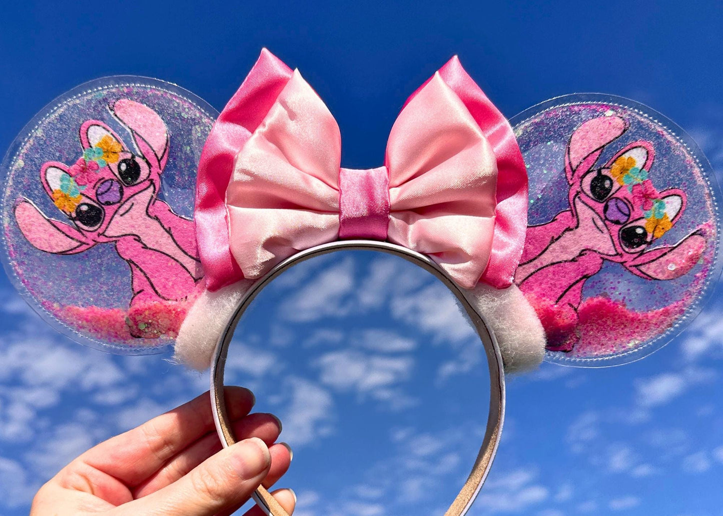 Angel Stitch inspired Pink Alien Disney Mickey Ears, Lilo Minnie Ears, Disneyland Mouse Ears Headband, Clear Glitter, Epcot, Animal Kingdom