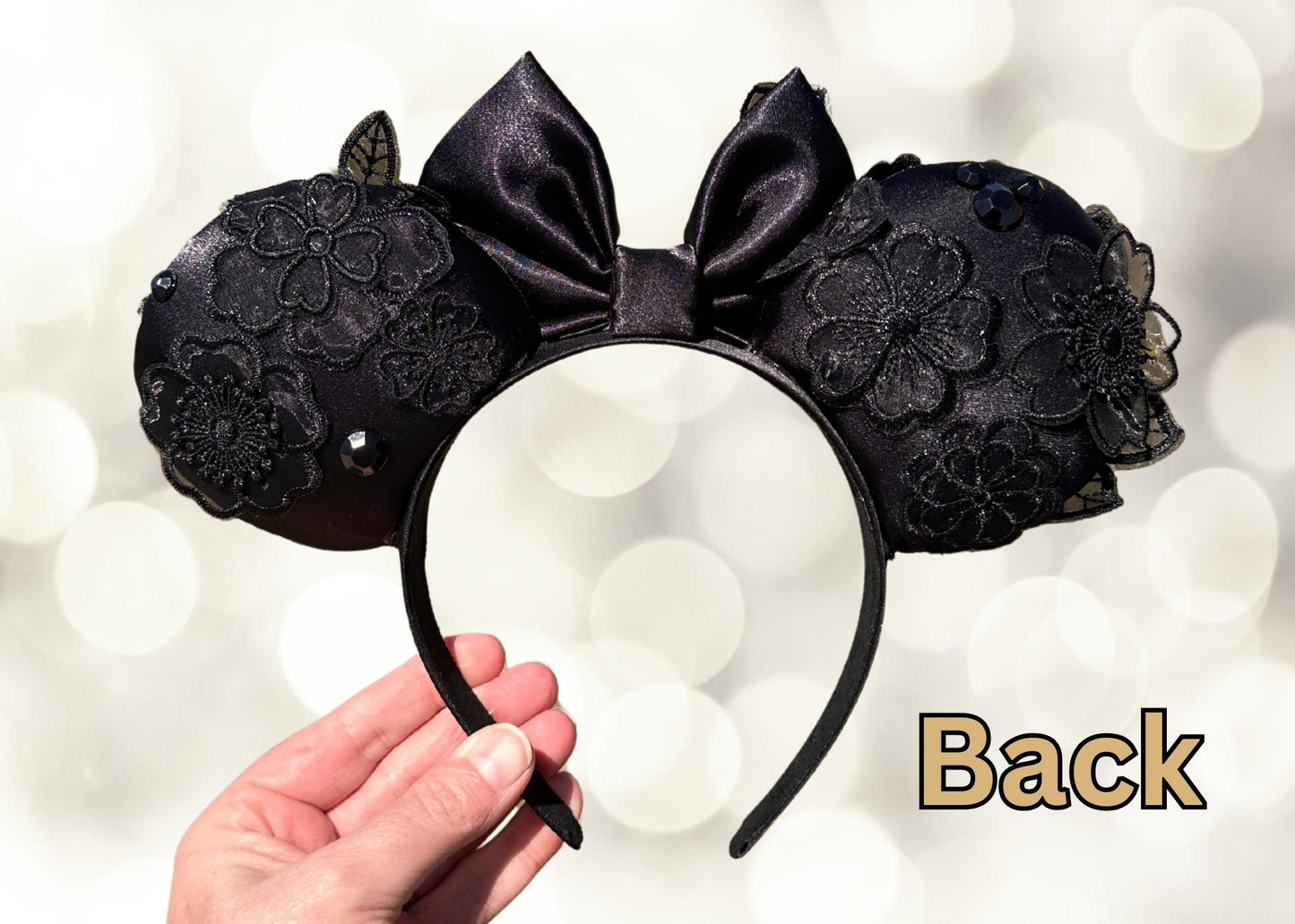 Black Lace Disney-Inspired Mouse Ears, Handmade Gothic Disney Headband with Satin Bow & Rhinestones, Adult Minnie Ears for Disney Bounding