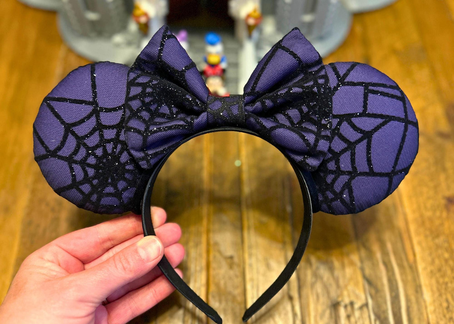 Spooky Spider Web Minnie Ears, Handmade Halloween Mouse Ears, Purple and Black Glitter Ear, Disney Park inspired Headband, Costume Accessory