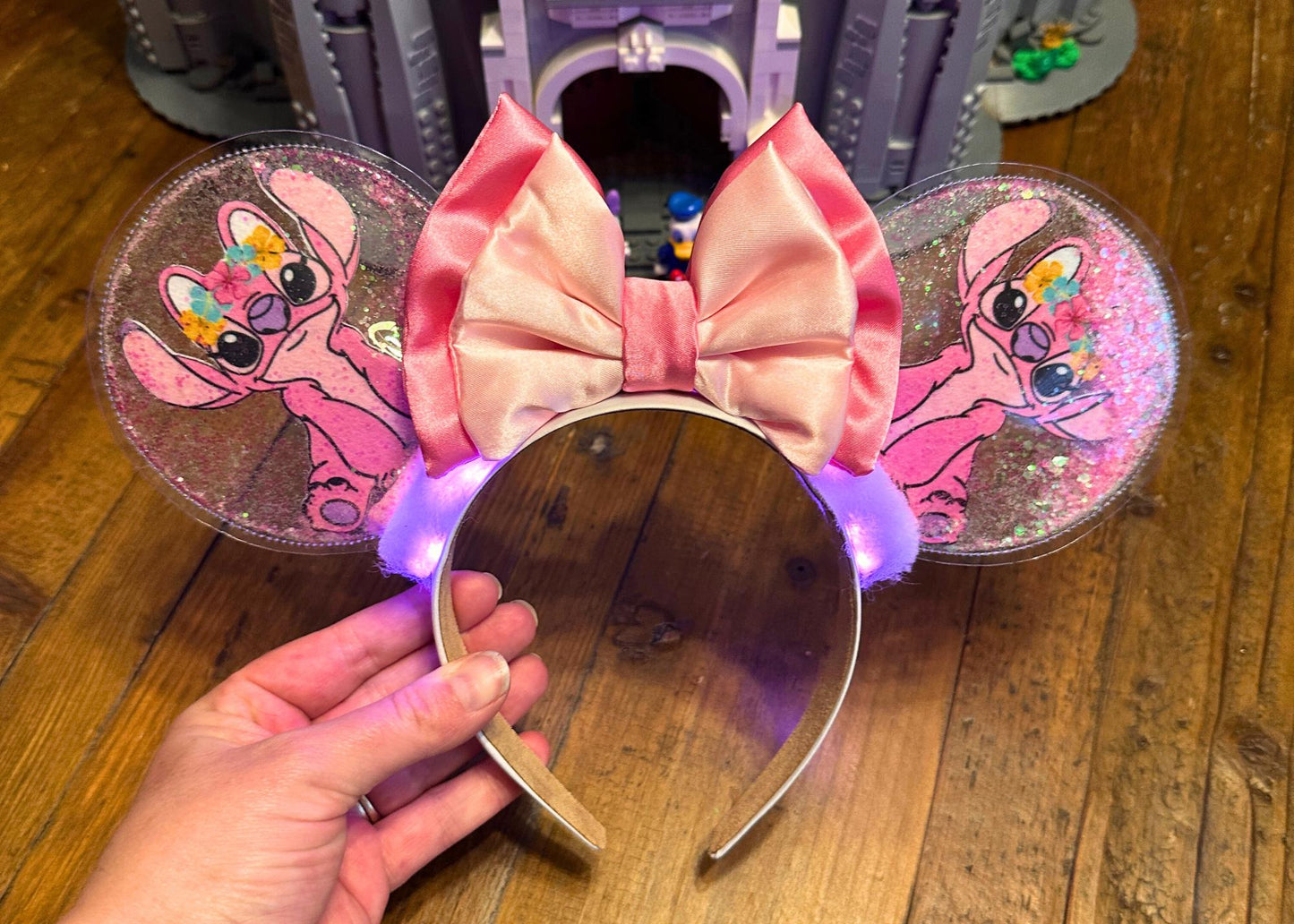 Angel Stitch inspired Pink Alien Disney Mickey Ears, Lilo Minnie Ears, Disneyland Mouse Ears Headband, Clear Glitter, Epcot, Animal Kingdom