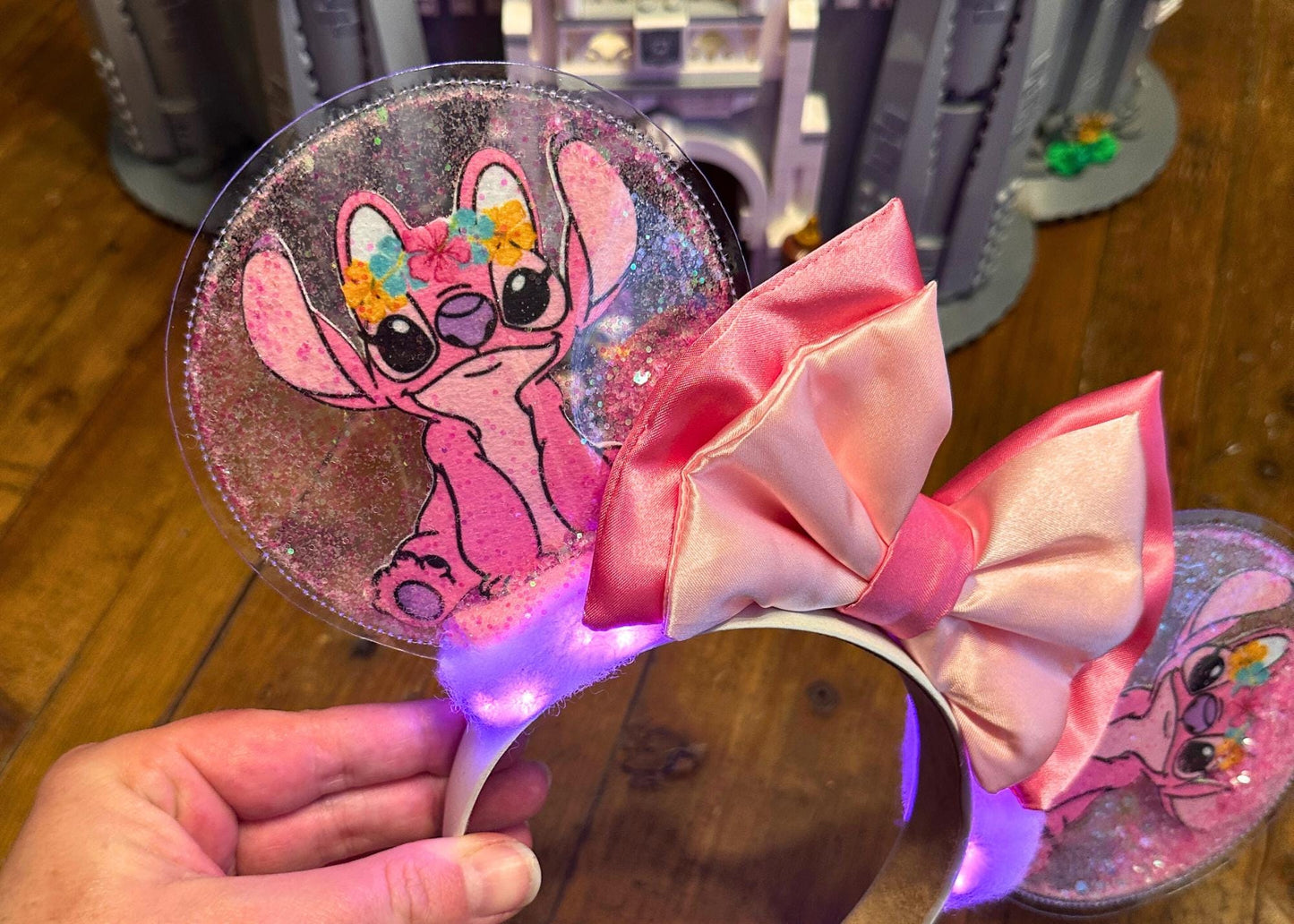 Angel Stitch inspired Pink Alien Disney Mickey Ears, Lilo Minnie Ears, Disneyland Mouse Ears Headband, Clear Glitter, Epcot, Animal Kingdom