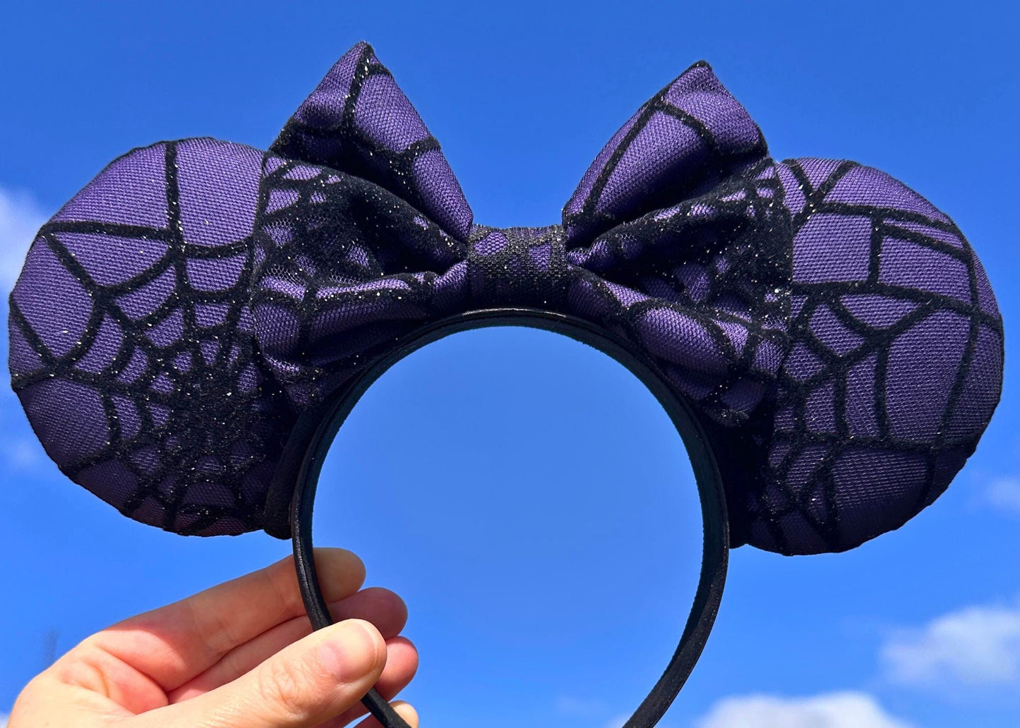 Spooky Spider Web Minnie Ears, Handmade Halloween Mouse Ears, Purple and Black Glitter Ear, Disney Park inspired Headband, Costume Accessory