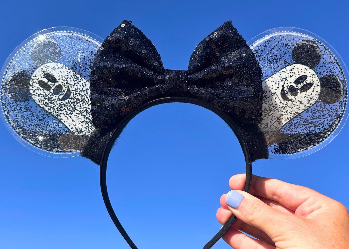 Mickey Ghost Disney Halloween Ears, Glow in the Dark Minnie Ears, Glitter Shaker Party Mouse Headband, Black Sequin Bow