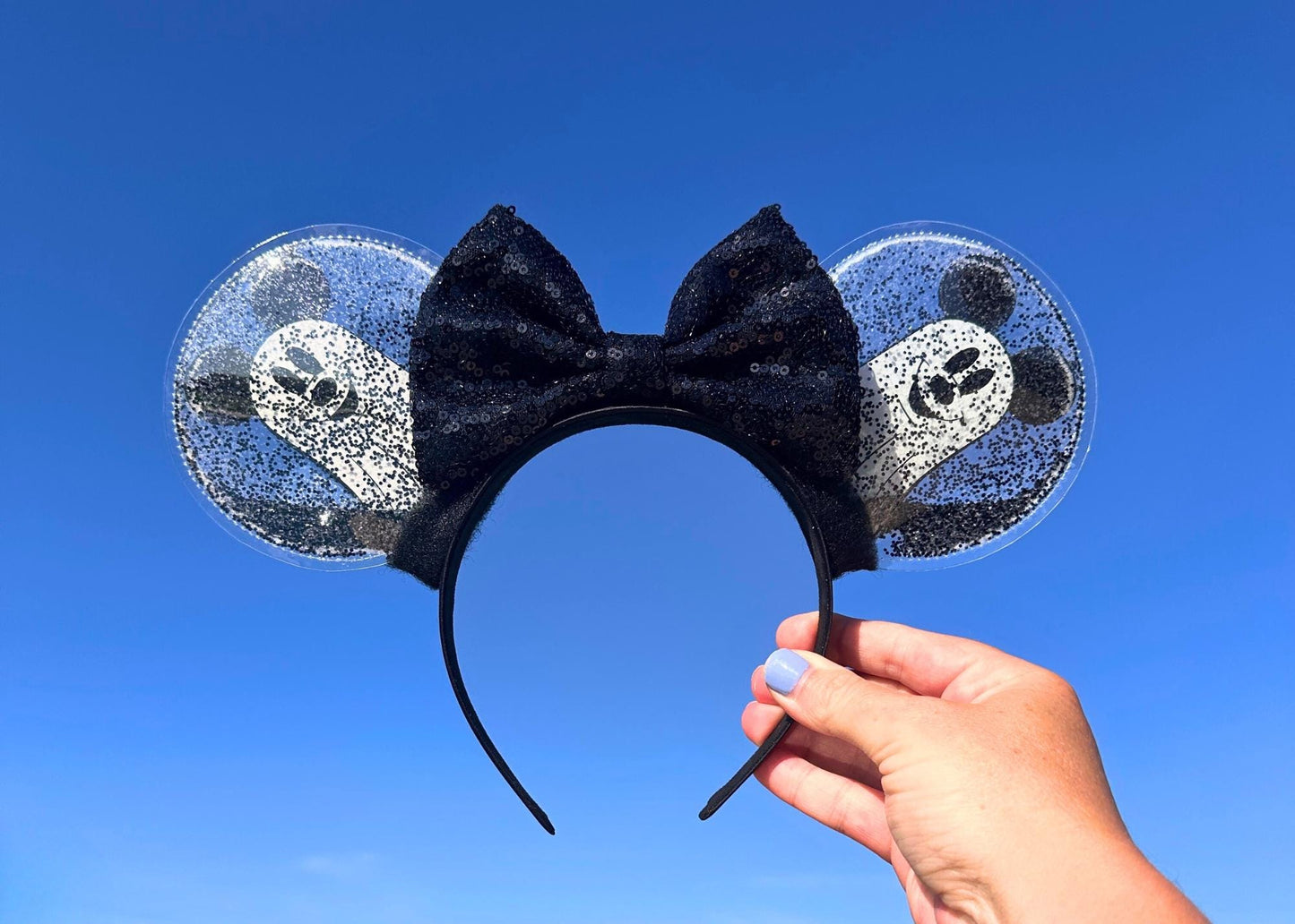 Mickey Ghost Disney Halloween Ears, Glow in the Dark Minnie Ears, Glitter Shaker Party Mouse Headband, Black Sequin Bow