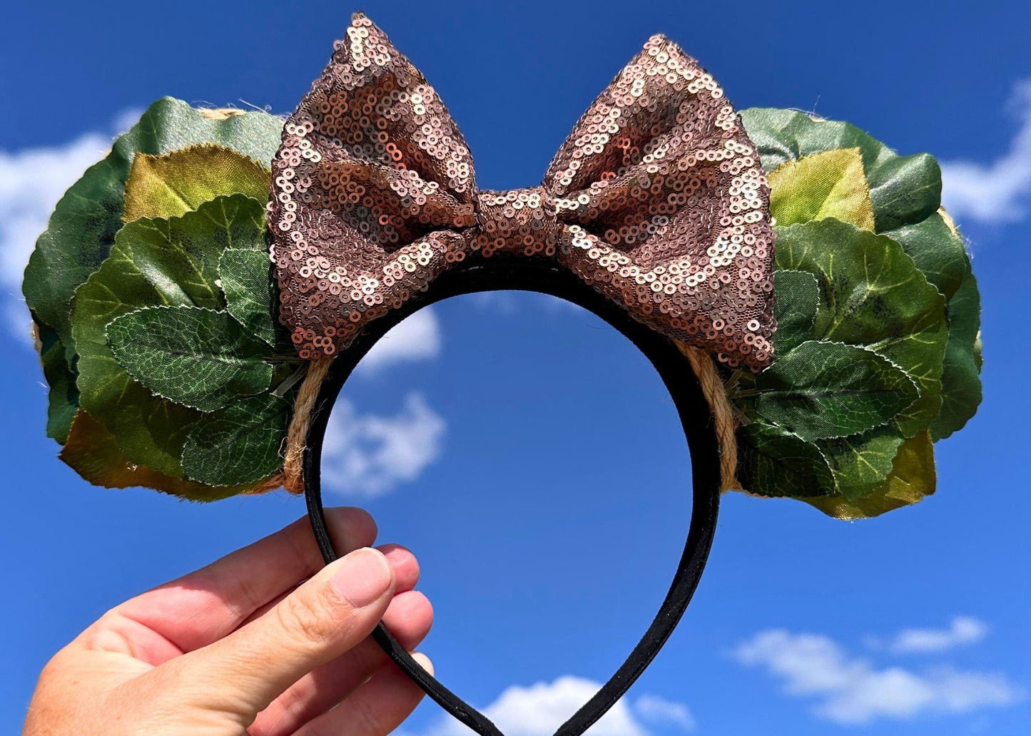 Animal Kingdom Forest Fairy Mouse Ears, Leaf Disney Headband, Nature Mickey Ears, Sequin Bow Minnie Ears, Jungle Theme Safari Park Accessory