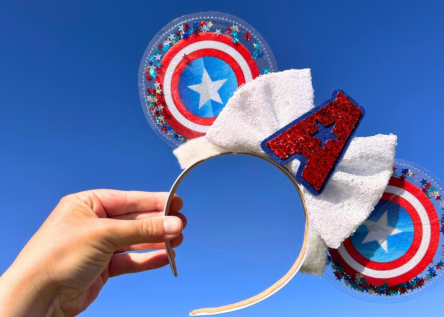 Marvel Avengers Captain America inspired Disney Mouse Ears Headband, Glitter Shaker Minnie Ears with Handmade Sequin Bow, Winter Soldier DCA