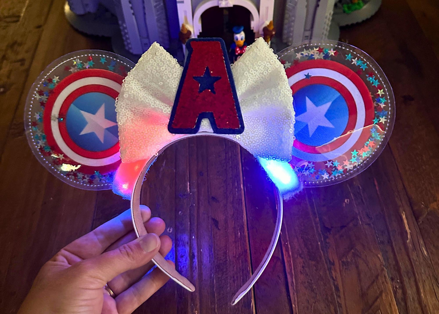 Marvel Avengers Captain America inspired Disney Mouse Ears Headband, Glitter Shaker Minnie Ears with Handmade Sequin Bow, Winter Soldier DCA