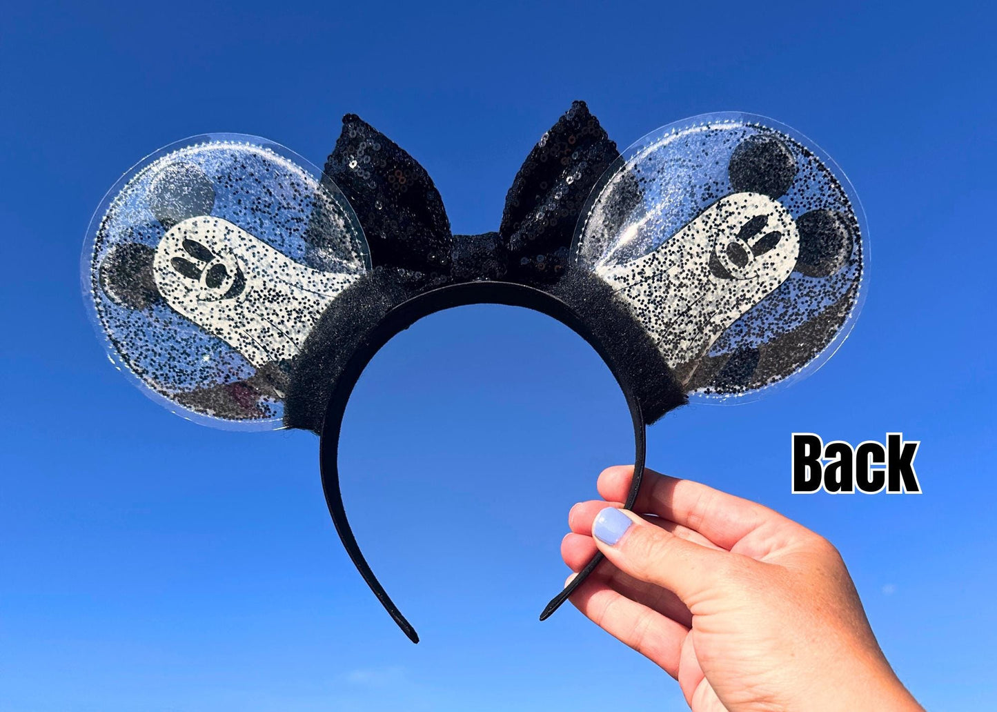 Mickey Ghost Disney Halloween Ears, Glow in the Dark Minnie Ears, Glitter Shaker Party Mouse Headband, Black Sequin Bow