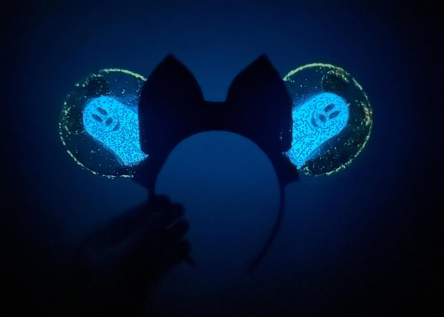 Mickey Ghost Disney Halloween Ears, Glow in the Dark Minnie Ears, Glitter Shaker Party Mouse Headband, Black Sequin Bow