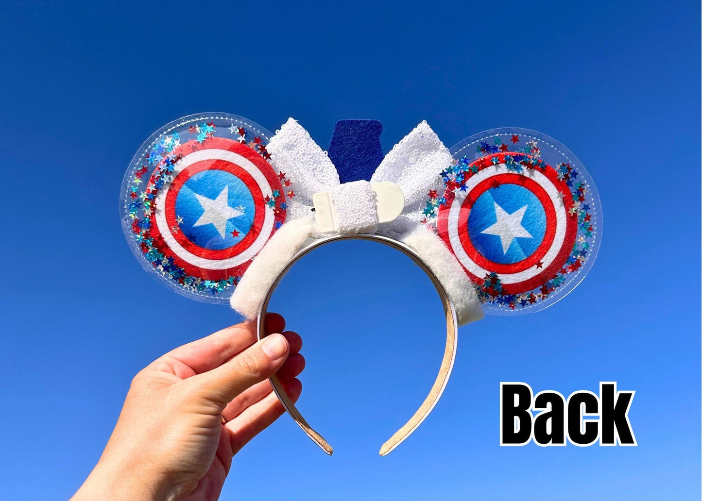 Marvel Avengers Captain America inspired Disney Mouse Ears Headband, Glitter Shaker Minnie Ears with Handmade Sequin Bow, Winter Soldier DCA