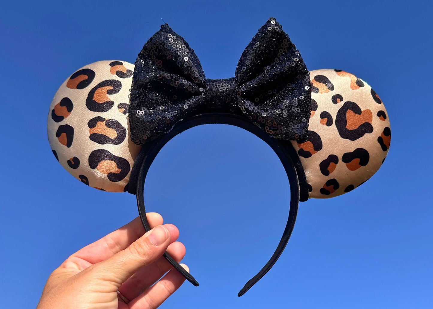 Neutral Leopard Print Animal Kingdom Disney Ears, Cheetah Mickey Safari Ears with Handmade Sequin Bow, Black Tan Animal Print, Lion King