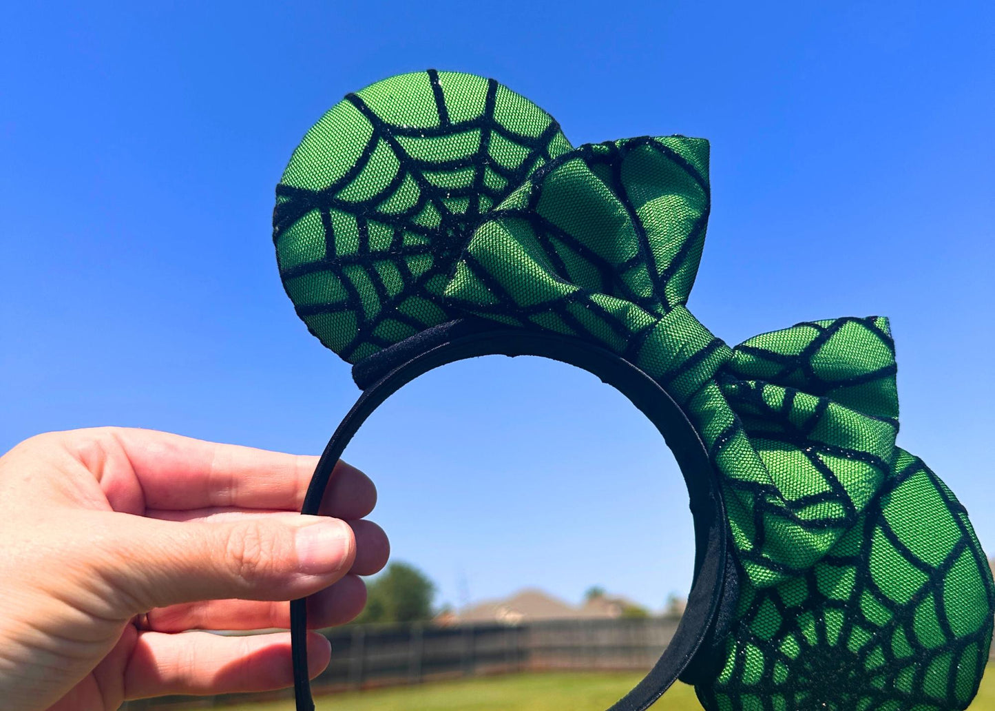 Green and Black Spooky Spider Web Disney Halloween Mouse Ears Headband, Handmade Mickey Ears, Glitter Ears, Not So Scary Costume Accessory