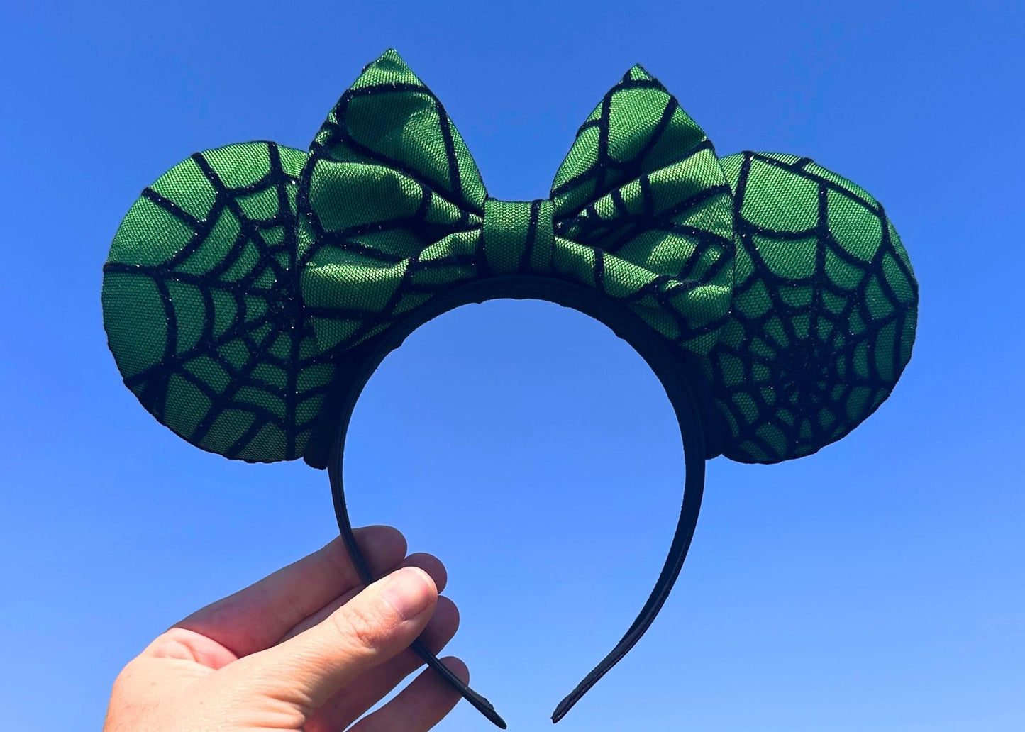 Green and Black Spooky Spider Web Disney Halloween Mouse Ears Headband, Handmade Mickey Ears, Glitter Ears, Not So Scary Costume Accessory