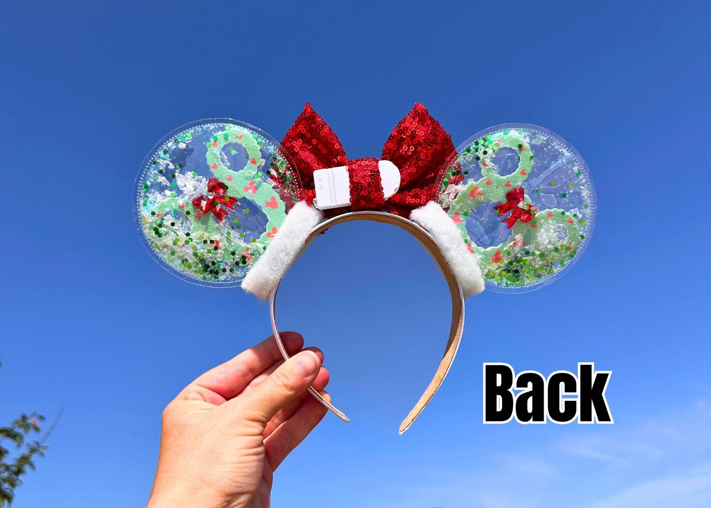 Christmas Wreath Mickey Ears - Holiday Snow Globe Mouse Ears with Red Sequin Bow, Handmade Glitter Disney Park Ears for Christmas Vacation