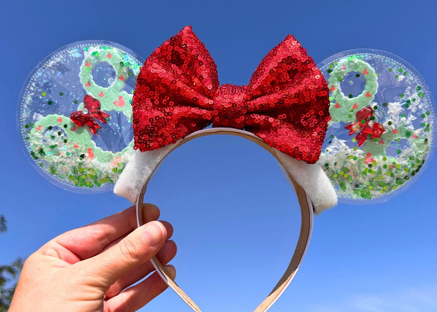 Christmas Wreath Mickey Ears - Holiday Snow Globe Mouse Ears with Red Sequin Bow, Handmade Glitter Disney Park Ears for Christmas Vacation