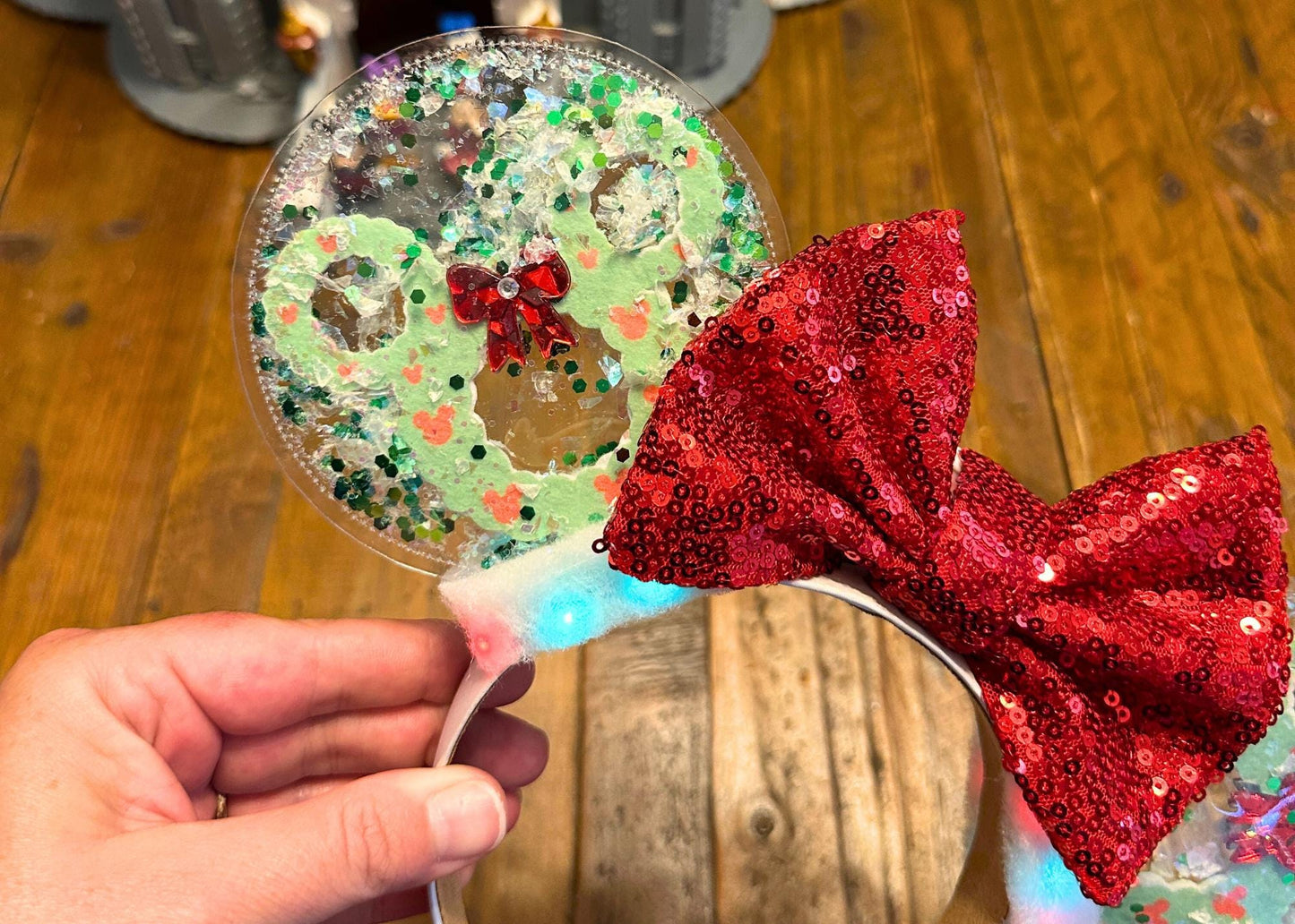 Christmas Wreath Mickey Ears - Holiday Snow Globe Mouse Ears with Red Sequin Bow, Handmade Glitter Disney Park Ears for Christmas Vacation
