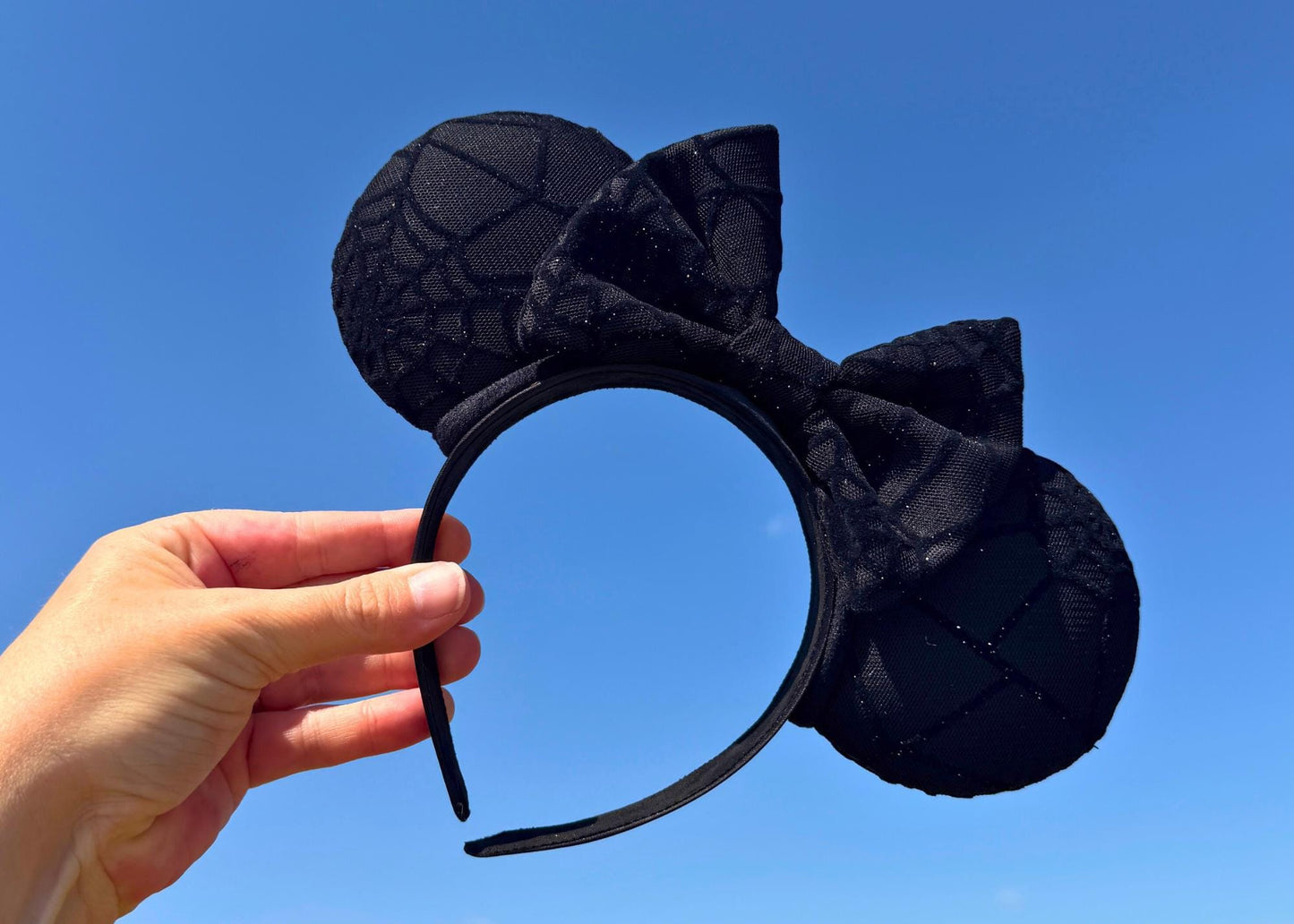 Black Spooky Spider Web Disney Halloween Mouse Ears Headband, Handmade Minnie Ears, Black Glitter Ear, Not So Scary Costume Accessory
