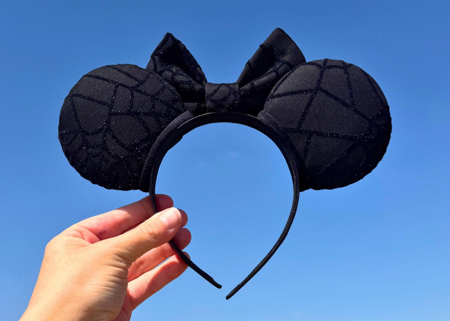 Black Spooky Spider Web Disney Halloween Mouse Ears Headband, Handmade Minnie Ears, Black Glitter Ear, Not So Scary Costume Accessory