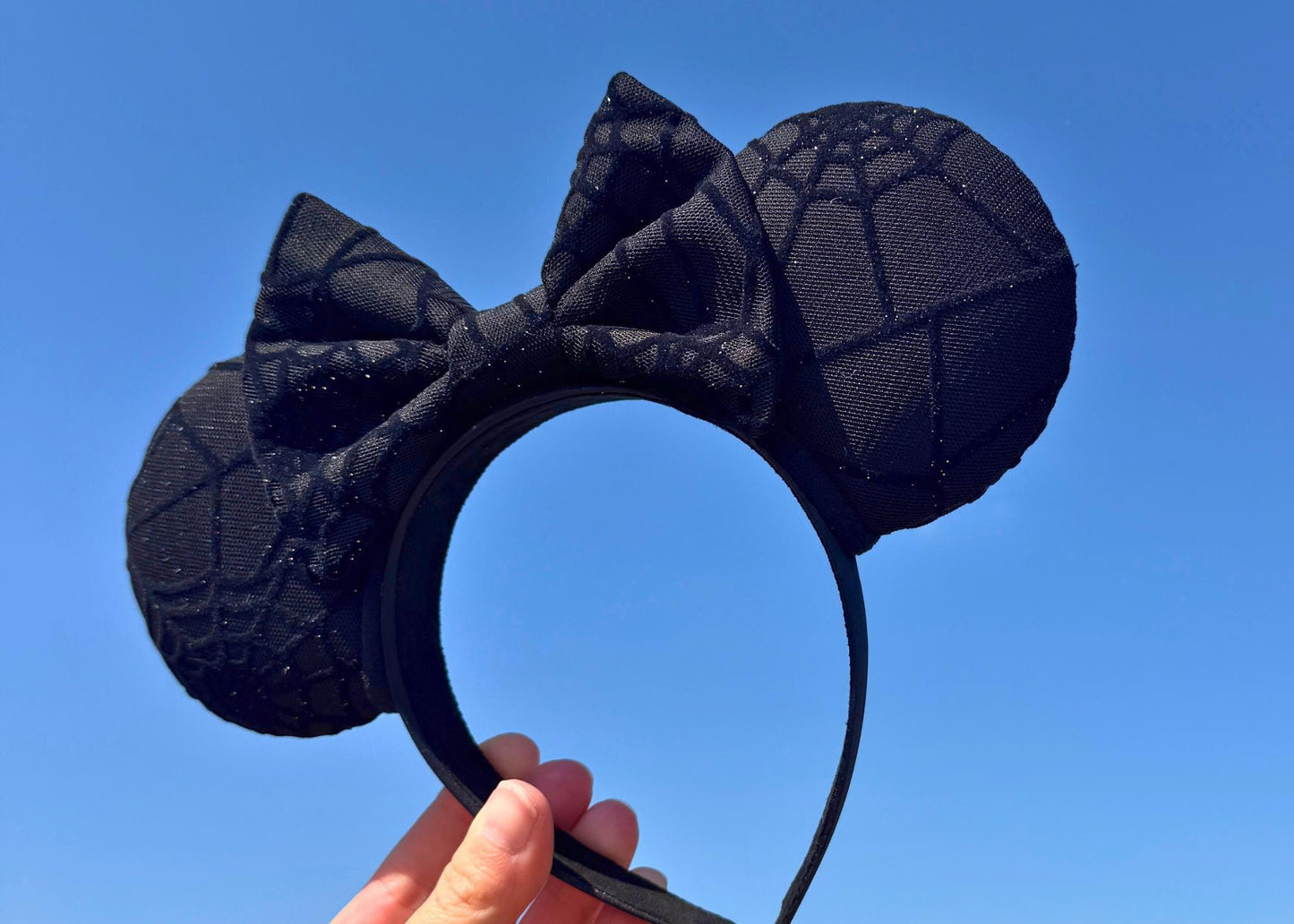 Black Spooky Spider Web Disney Halloween Mouse Ears Headband, Handmade Minnie Ears, Black Glitter Ear, Not So Scary Costume Accessory