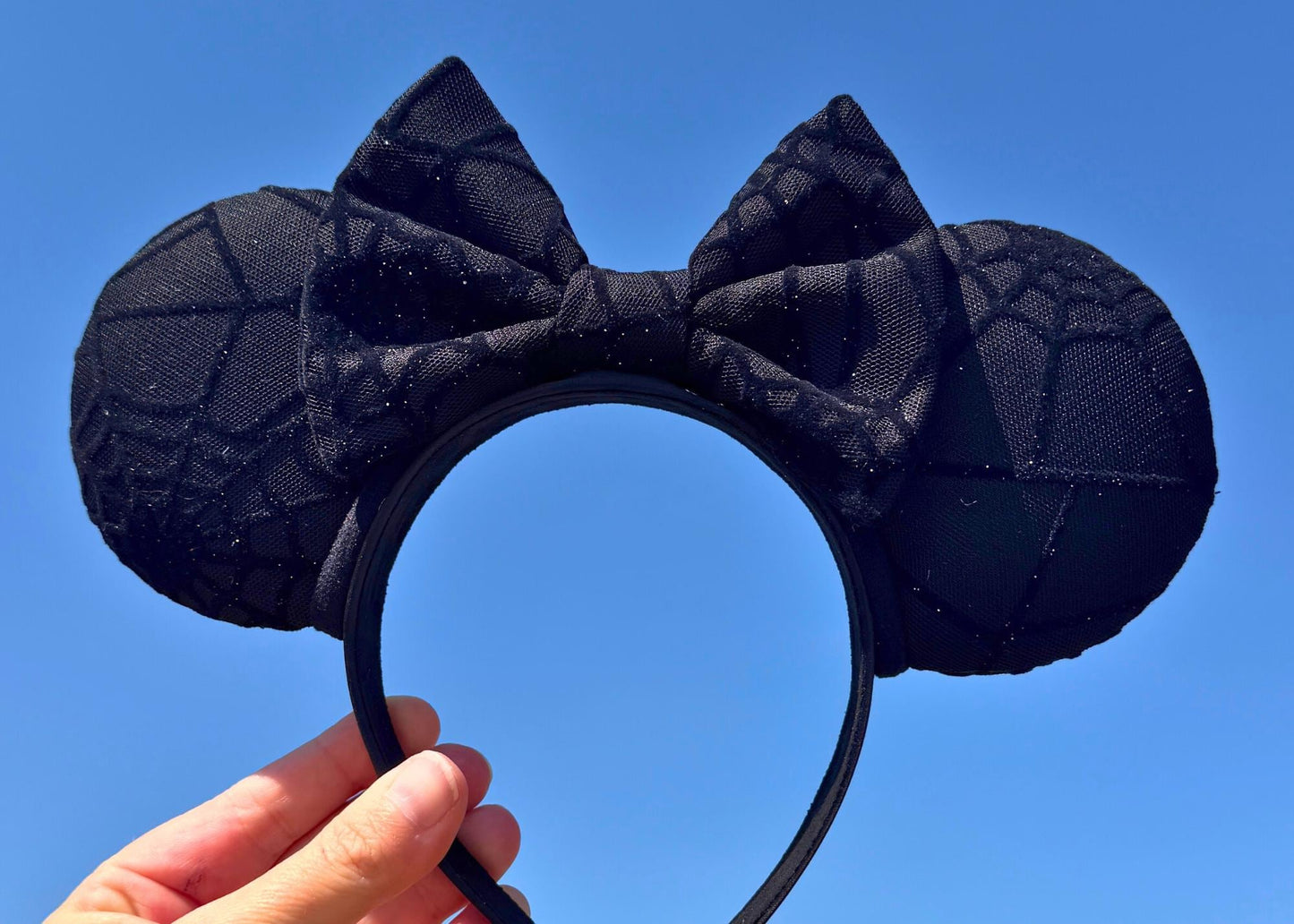 Black Spooky Spider Web Disney Halloween Mouse Ears Headband, Handmade Minnie Ears, Black Glitter Ear, Not So Scary Costume Accessory
