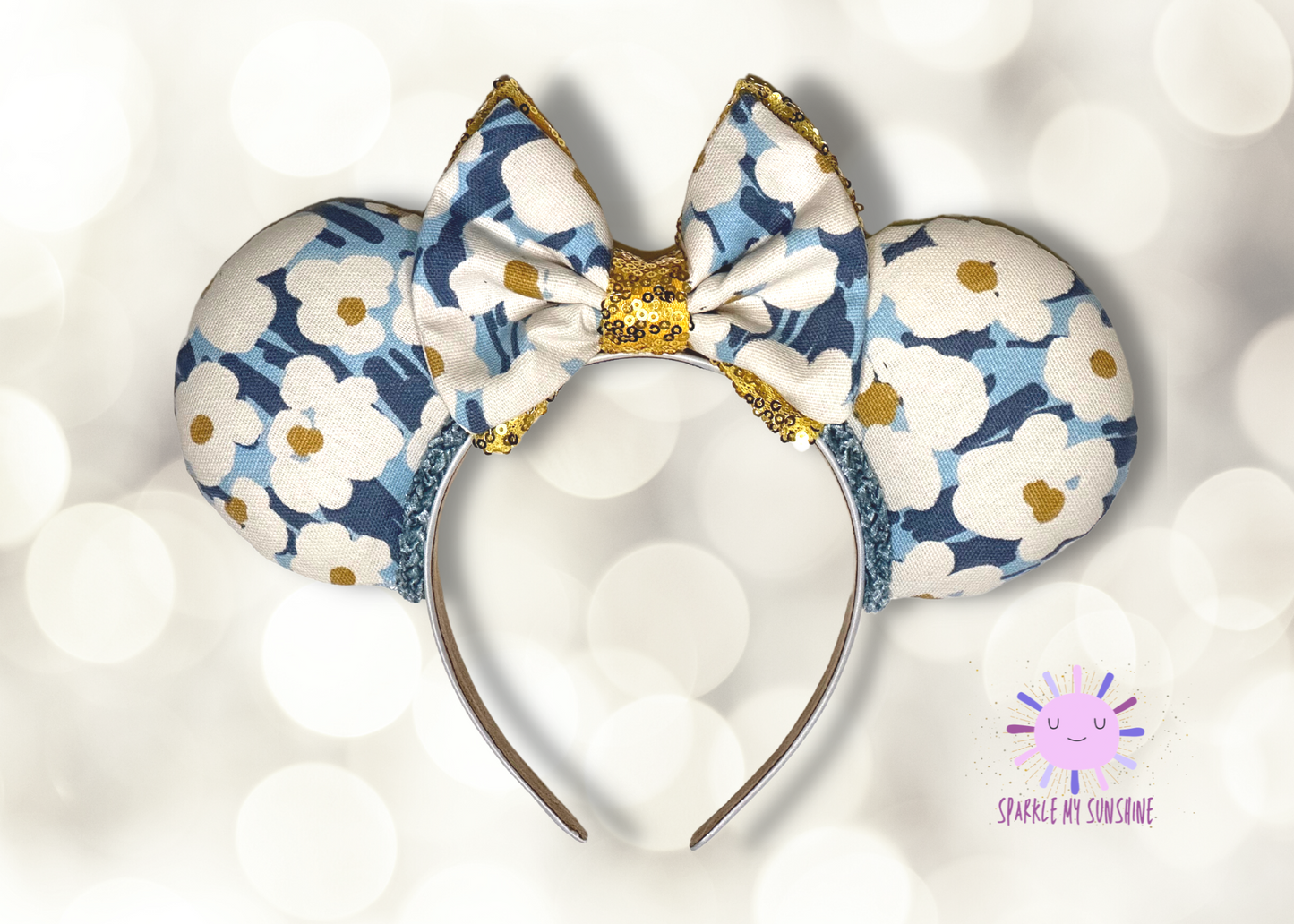 Blue & White Floral Mouse Ears with Gold Bow