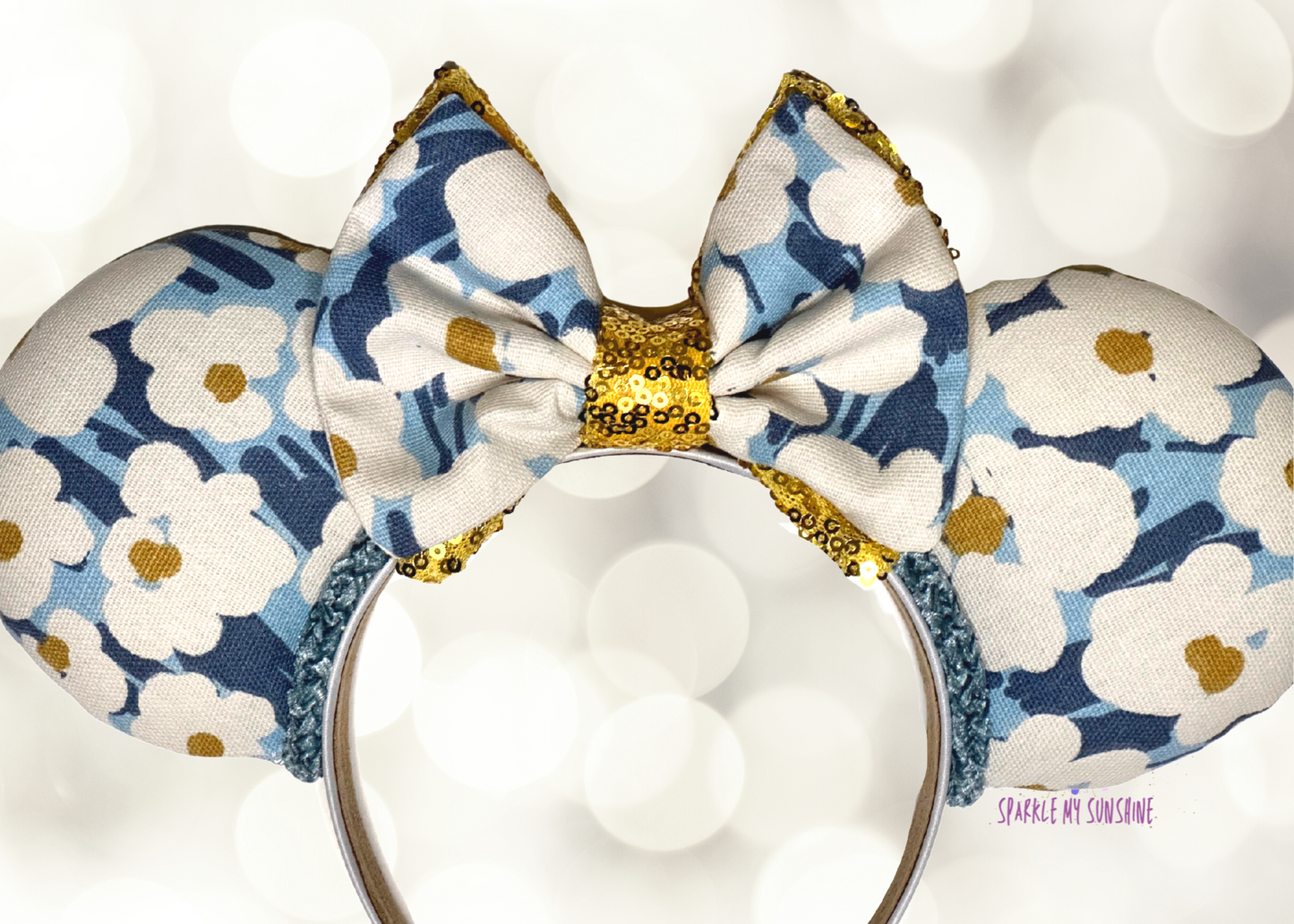 Blue & White Floral Mouse Ears with Gold Bow