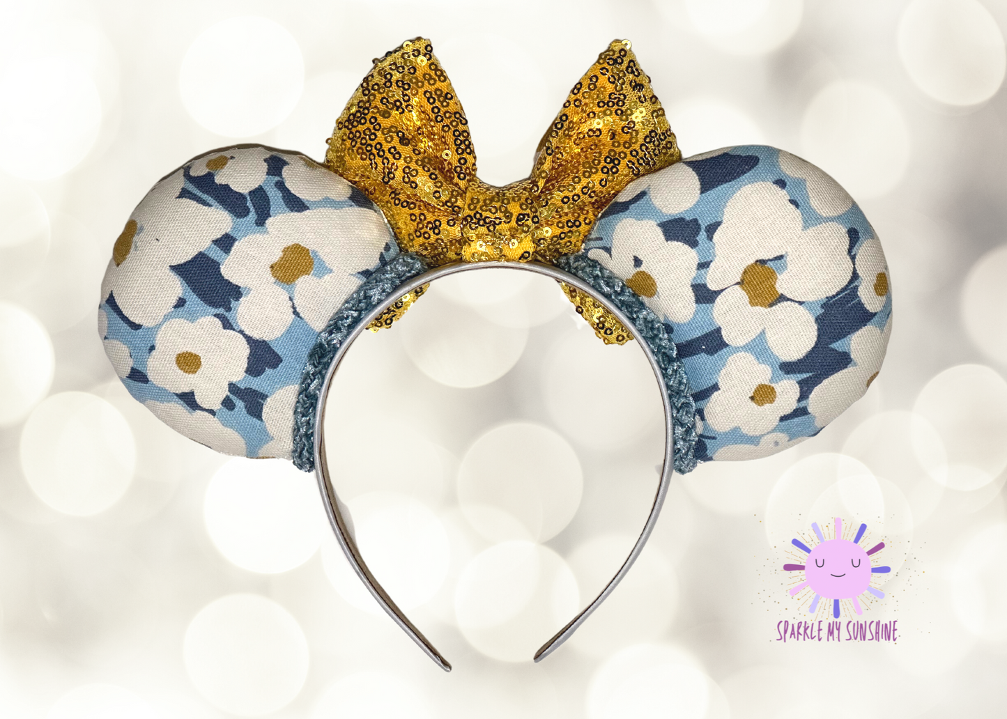 Blue & White Floral Mouse Ears with Gold Bow