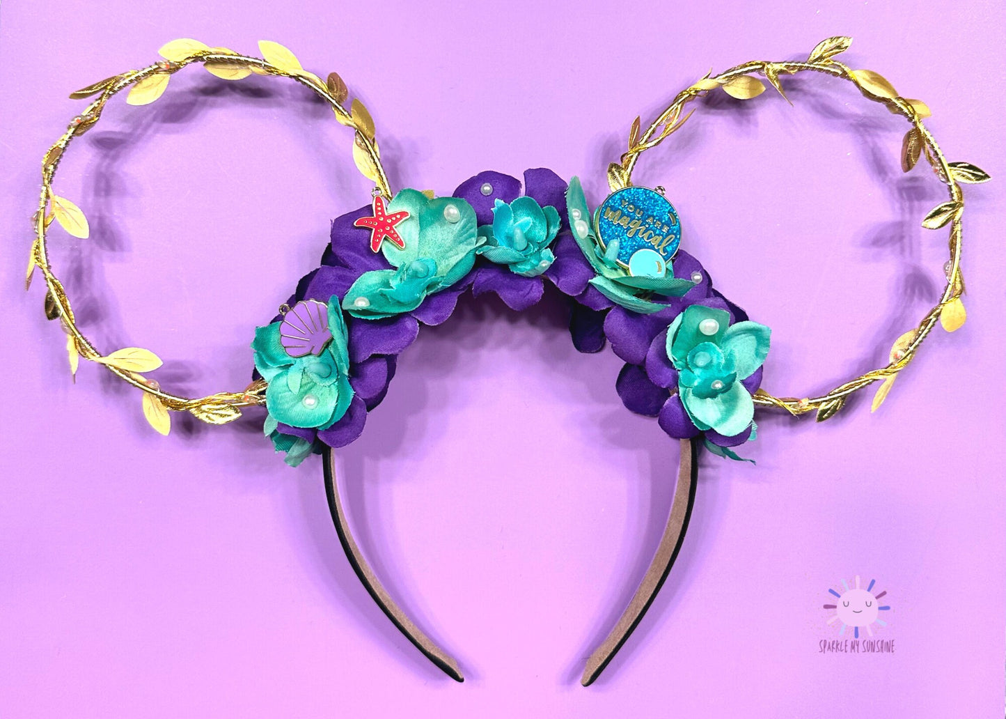 Ariel Disney Ears, Little Mermaid Floral Wire Mickey Ears, Princess Minnie Ears, Gold Flower and Garden Crown, Disney Birthday Gift
