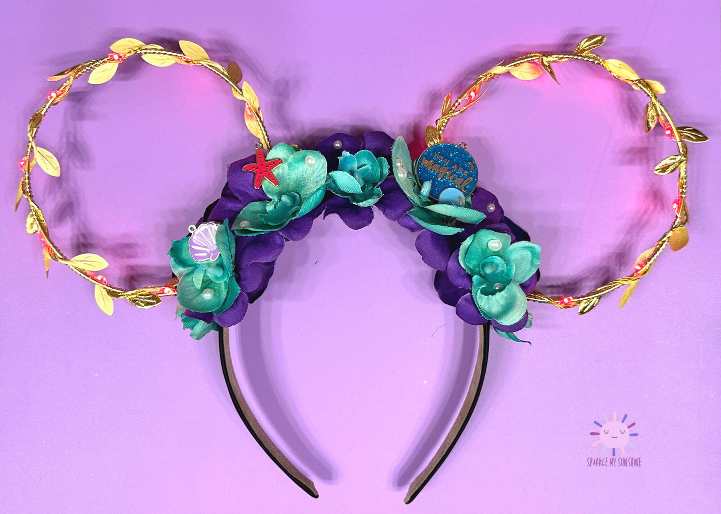 Ariel Disney Ears, Little Mermaid Floral Wire Mickey Ears, Princess Minnie Ears, Gold Flower and Garden Crown, Disney Birthday Gift