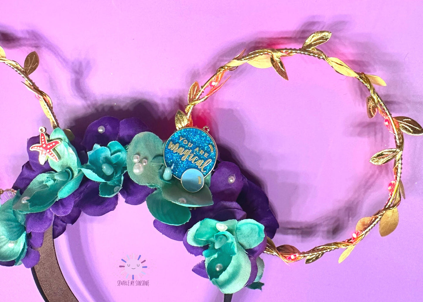 Ariel Disney Ears, Little Mermaid Floral Wire Mickey Ears, Princess Minnie Ears, Gold Flower and Garden Crown, Disney Birthday Gift