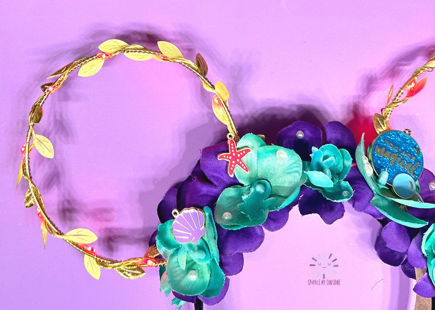 Ariel Disney Ears, Little Mermaid Floral Wire Mickey Ears, Princess Minnie Ears, Gold Flower and Garden Crown, Disney Birthday Gift