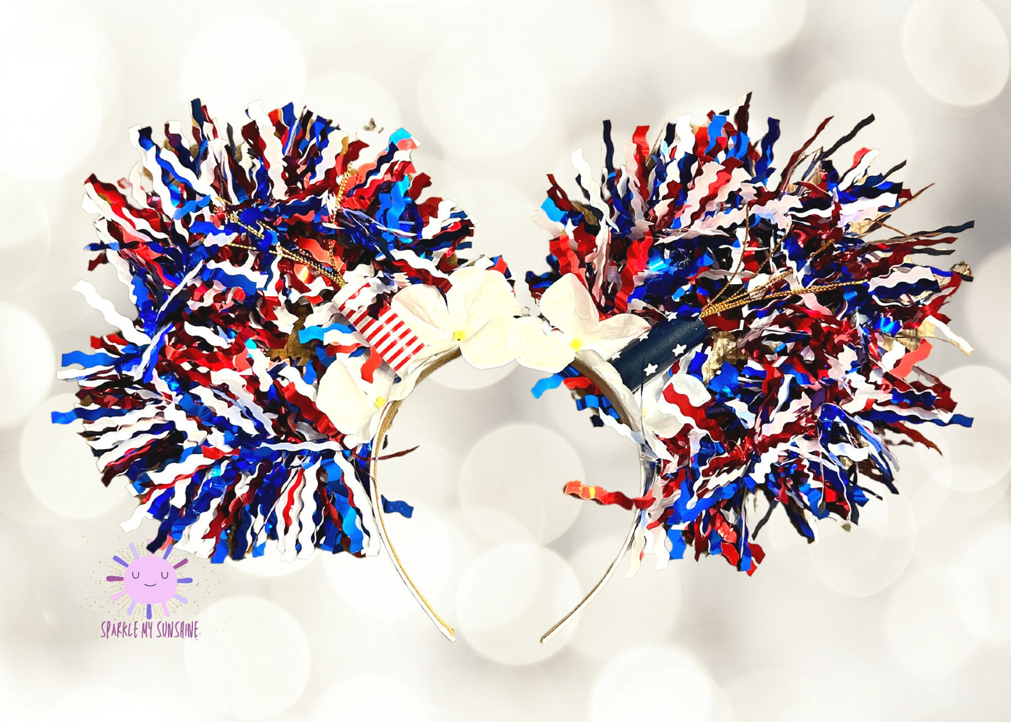 4th of July Disney Ears Headband, Patriotic Mickey Ears, USA American Flag Minnie Ears, Floral Wire Mouse Ears, Red White Blue Fireworks