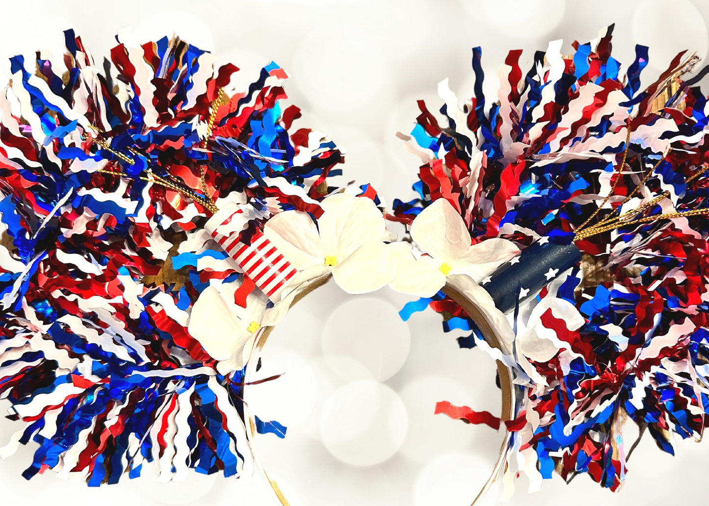 4th of July Disney Ears Headband, Patriotic Mickey Ears, USA American Flag Minnie Ears, Floral Wire Mouse Ears, Red White Blue Fireworks