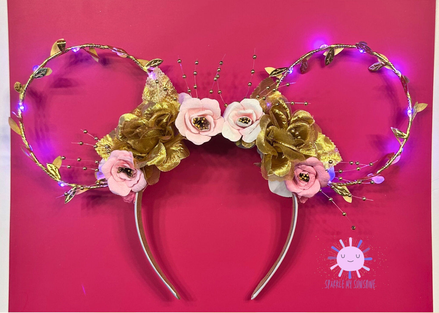 Pink Gold Princess Aurora Disney Ears, Sleeping Beauty Custom Mickey Ears, Floral Wire Minnie Ears, Disneyland, Unique Disney Birthday Gift