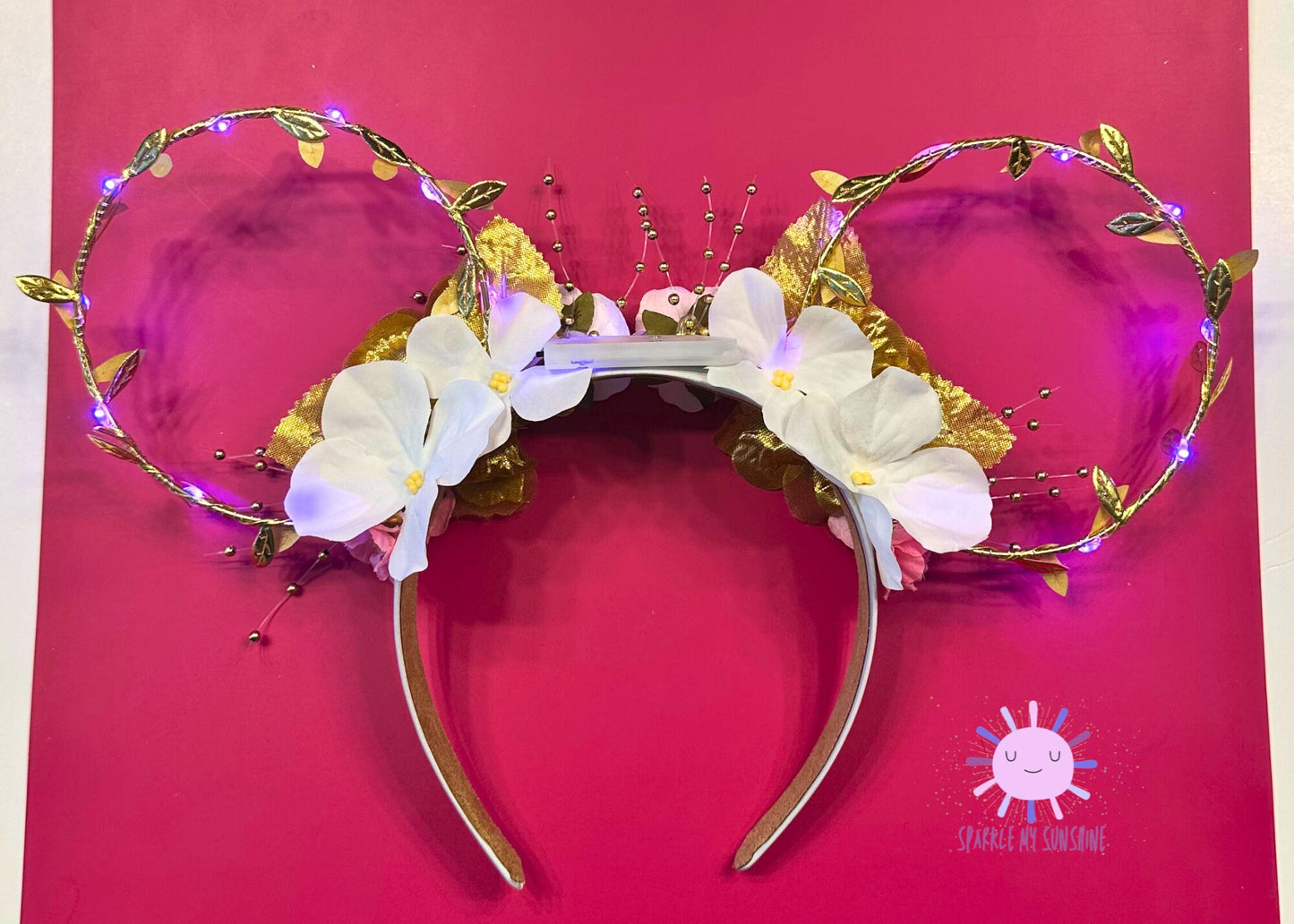 Pink Gold Princess Aurora Disney Ears, Sleeping Beauty Custom Mickey Ears, Floral Wire Minnie Ears, Disneyland, Unique Disney Birthday Gift