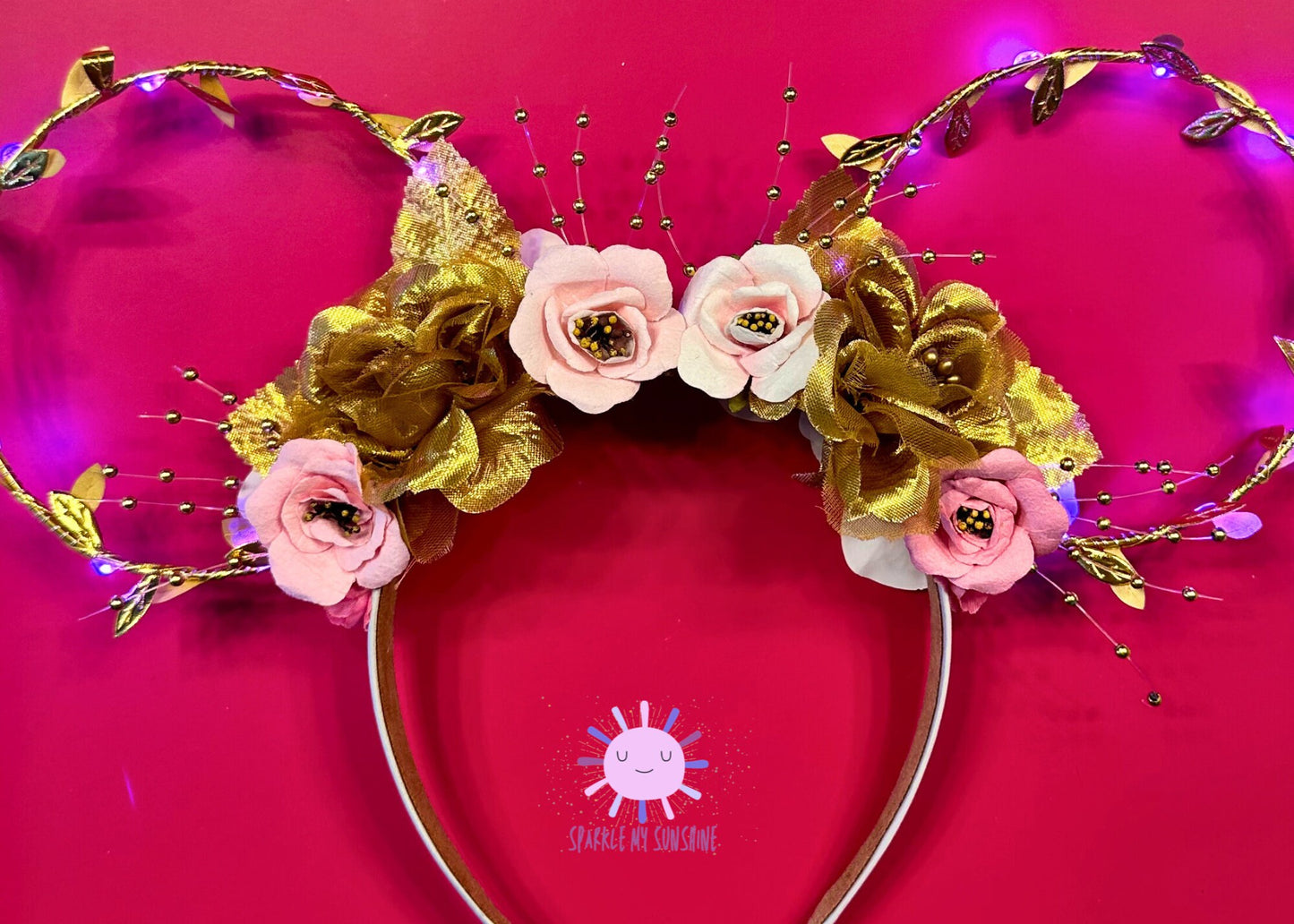 Pink Gold Princess Aurora Disney Ears, Sleeping Beauty Custom Mickey Ears, Floral Wire Minnie Ears, Disneyland, Unique Disney Birthday Gift
