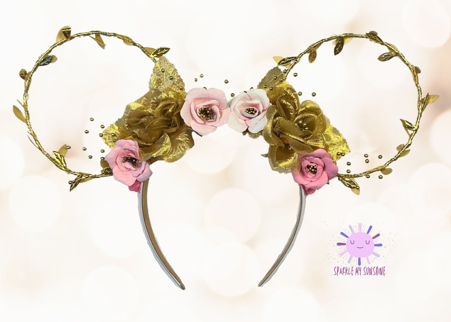 Pink Gold Princess Aurora Disney Ears, Sleeping Beauty Custom Mickey Ears, Floral Wire Minnie Ears, Disneyland, Unique Disney Birthday Gift