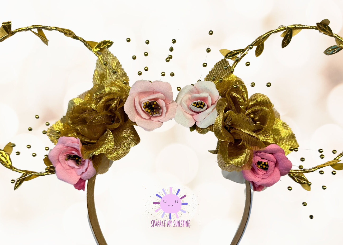 Pink Gold Princess Aurora Disney Ears, Sleeping Beauty Custom Mickey Ears, Floral Wire Minnie Ears, Disneyland, Unique Disney Birthday Gift