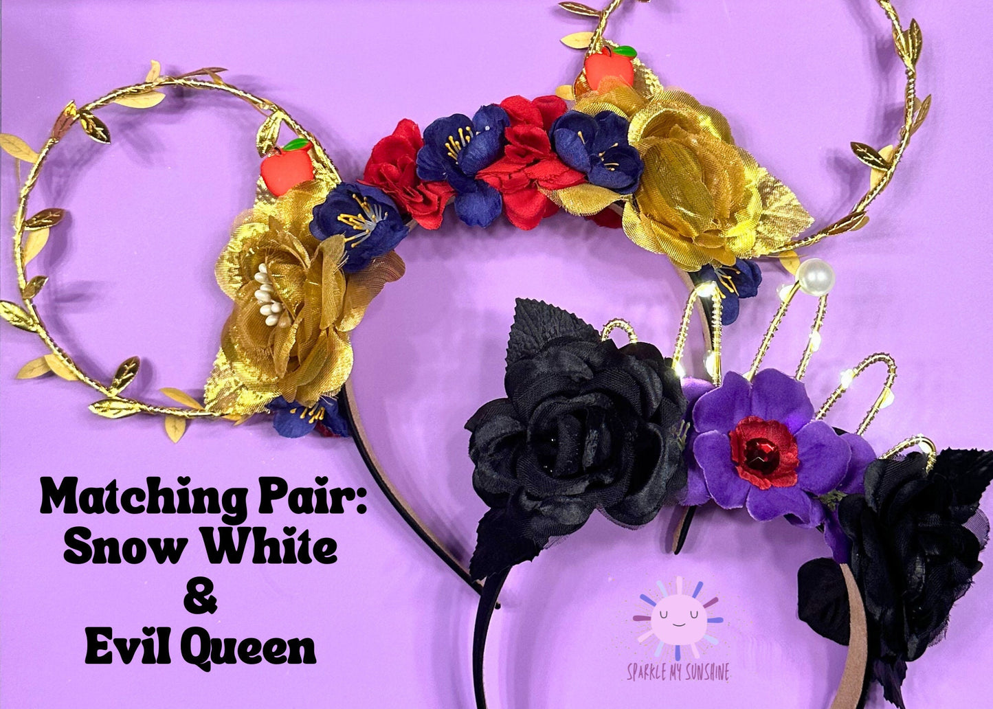 Evil Queen Crown Disney Ears, Snow White Mickey Ears, Descendants Headband, Floral Wire Minnie Ears, Halloween Costume, Villains, Maleficent
