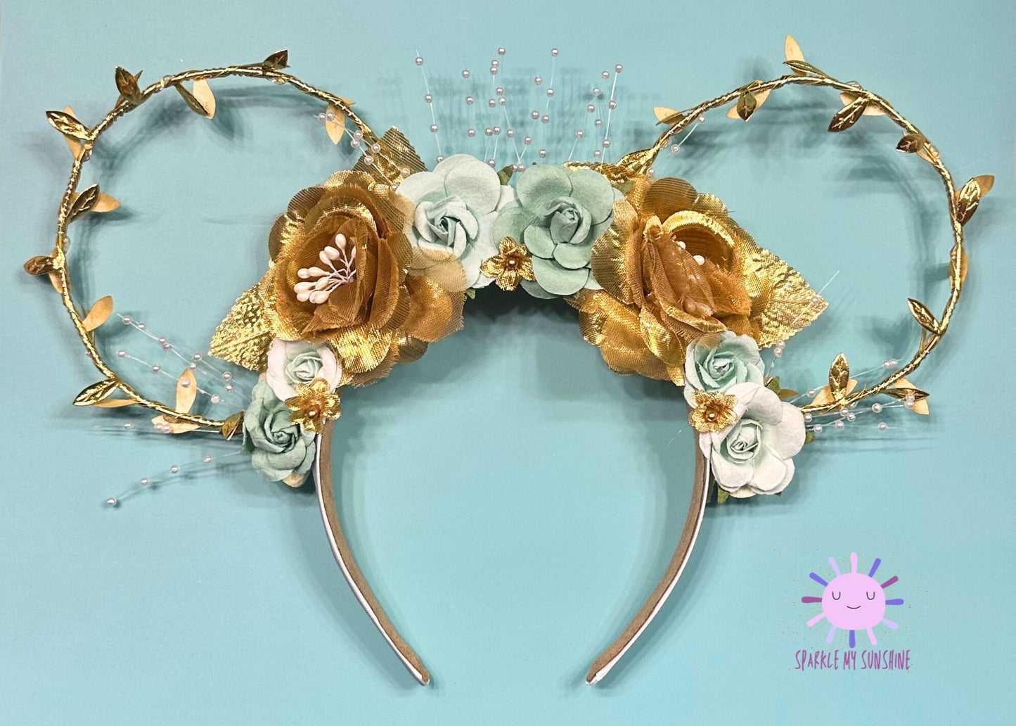 Princess Tiana Disney Ears, Princess and the Frog Mickey Mouse Ears, Floral Wire Minnie Ears, Teal Gold Pearl Headband, Disneyland Ears